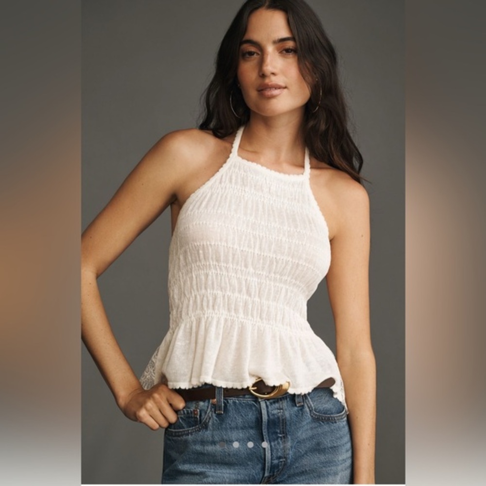 By Anthropologie Smoked Lace Trim Halter Tank Top | M | NWT